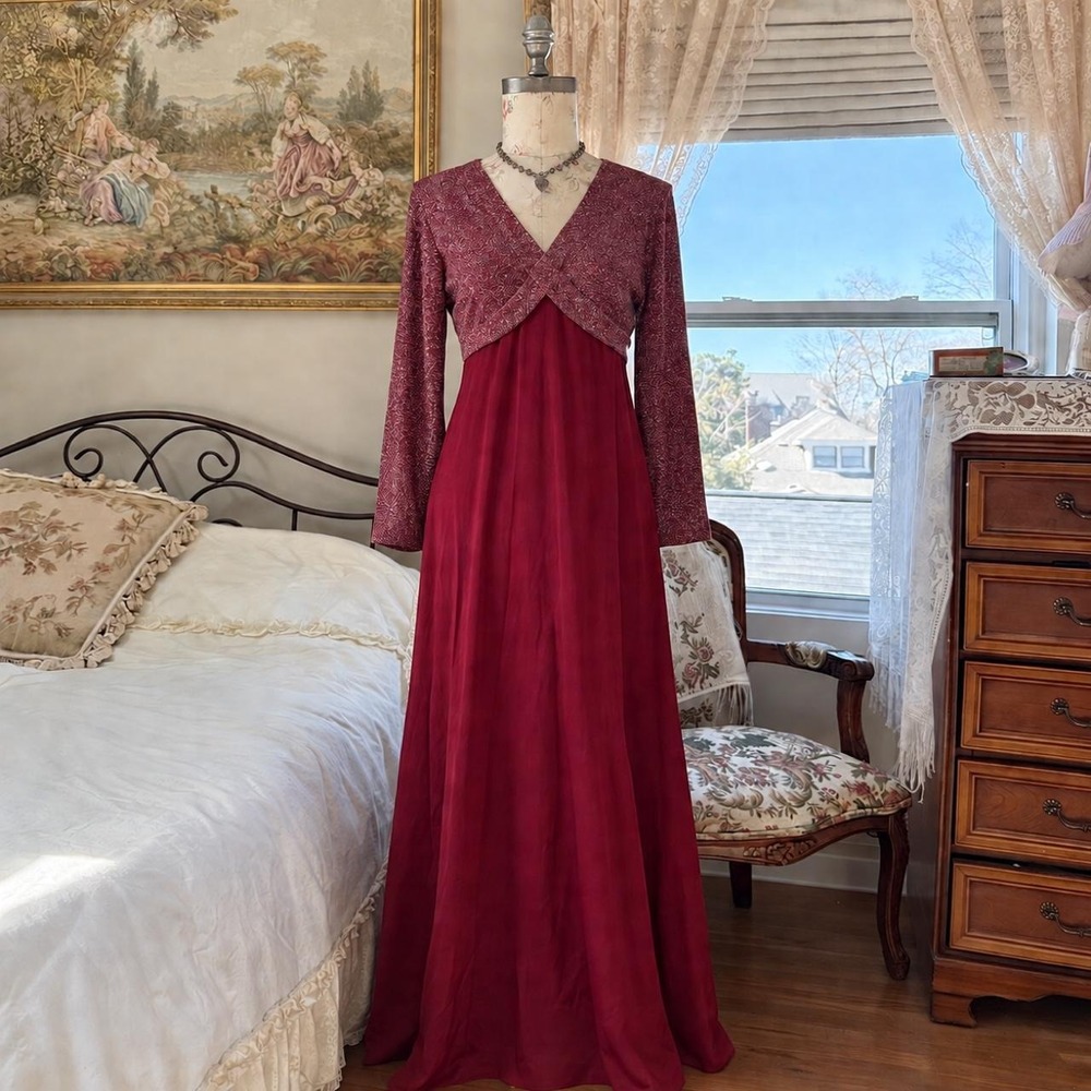70s red Metallic Maxi Dress 70s burgundy maxi dress fits size medium